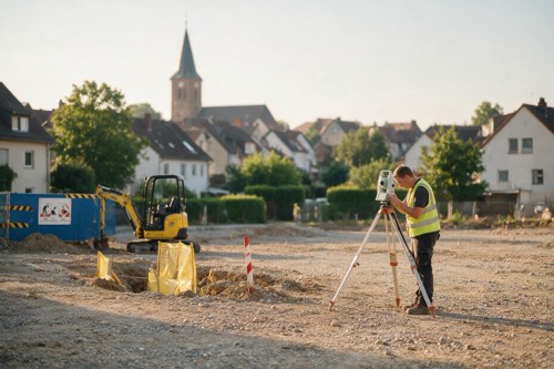 Vermessungstechniker in Warnweste arbeitet mit einem Tachymeter auf einem Stativ an einer Baustelle, im Hintergrund ein Ortskern mit Kirchturm.