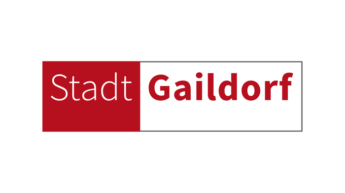 Logo der Stadt Gaildorf: "Stadt" in weiß auf rotem Feld, "Gaildorf" in Rot auf weißem Feld.