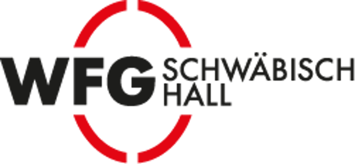Logo der WFG Schwäbisch Hall mit schwarzem Text und einem roten, unterbrochenen Kreis.