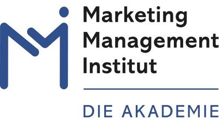 Logo des Marketing Management Instituts, eine blaue "M"-Form mit einem Punkt darüber und dem Text "Marketing Management Institut DIE AKADEMIE".