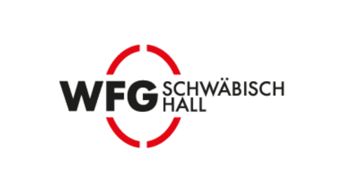 WFG Schwäbisch Hall Logo: Schwarzer Text "WFG SCHWÄBISCH HALL" mit rotem, unvollständigem Kreis um "WFG".