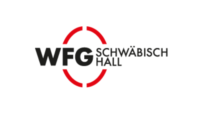 Logo der WFG Schwäbisch Hall mit WFG in Schwarz und Schwäbisch Hall in Schwarz, umrahmt von einem roten Kreis.