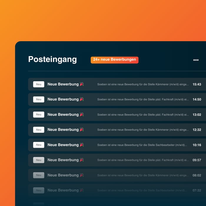 Posteingang mit 24+ neuen Bewerbungen; Liste zeigt Benachrichtigungen wie "Neue Bewerbung" und Uhrzeiten.