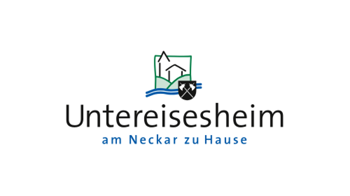 Logo von Untereisesheim mit stilisiertem Haus, Wappen und dem Text „am Neckar zu Hause“.