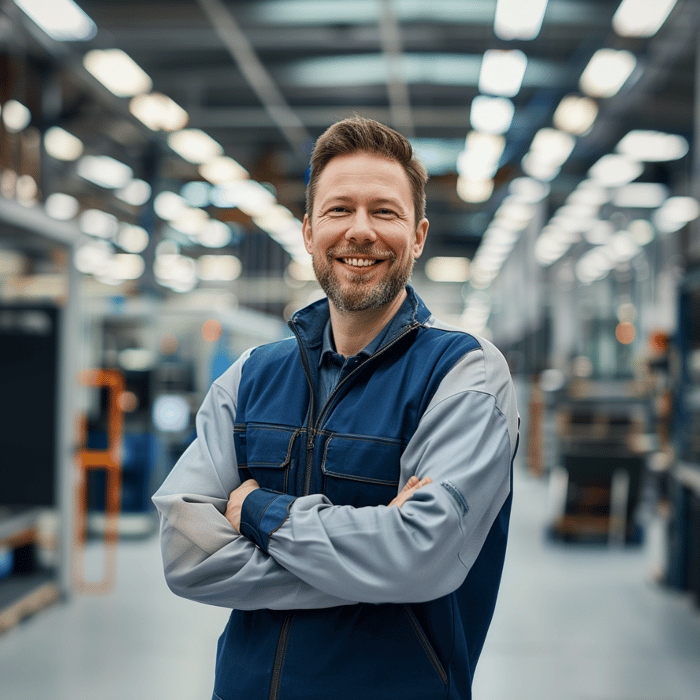 Ein lächelnder Mann in blauer Arbeitskleidung steht mit verschränkten Armen in einer Fabrikhalle.