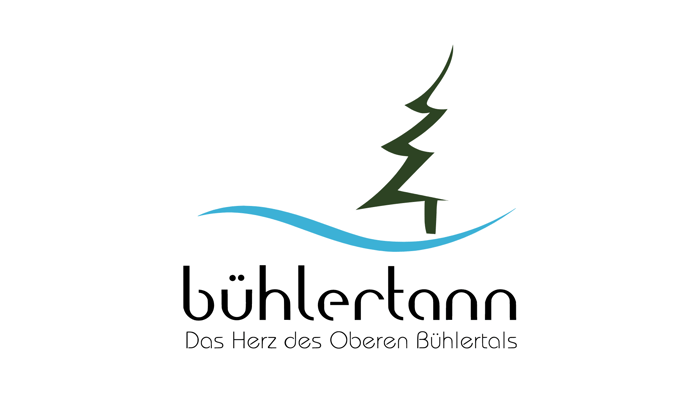 Logo: Grüner Tannenbaum, blaue Welle; Text "bühlertann Das Herz des Oberen Bühlertals".