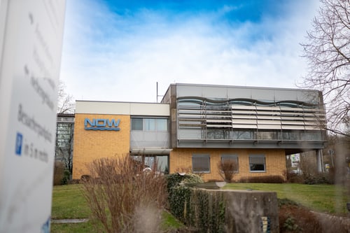 Gelbes Backsteingebäude mit blauer "NOW" Beschriftung und modernen Fenstern, umgeben von Bäumen und Büschen.