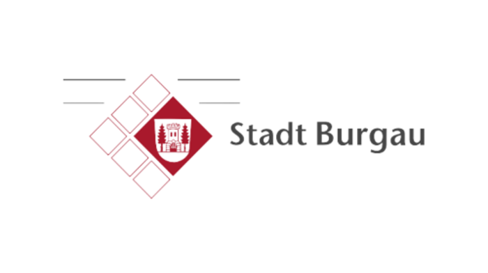 Logo der Stadt Burgau mit rotem Wappen, das ein Gebäude und Bäume zeigt, umgeben von Quadraten.