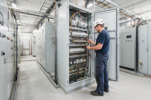 Elektrotechniker prueft mit einem Messgeraet die Verdrahtung in einem geoeffneten Niederspannungs-Schaltschrank, daneben eine Reihe weiterer Schaltschraenke.