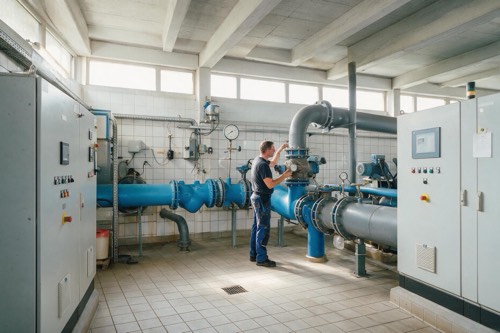 Techniker prueft in einem hellen Wasserwerk blaue Rohrleitungen, Schieber und Manometer, daneben Schaltschraenke der Steuerung.