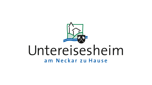 Logo von Untereisesheim mit stilisiertem Haus, Wappen und Fluss, Text: "Untereisesheim am Neckar zu Hause".